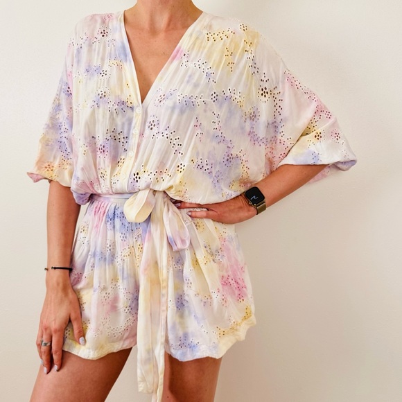 New Young Fabulous & Broke Kyra boho eyelet tie dye violet burst jumpsuit romper - Picture 2 of 9